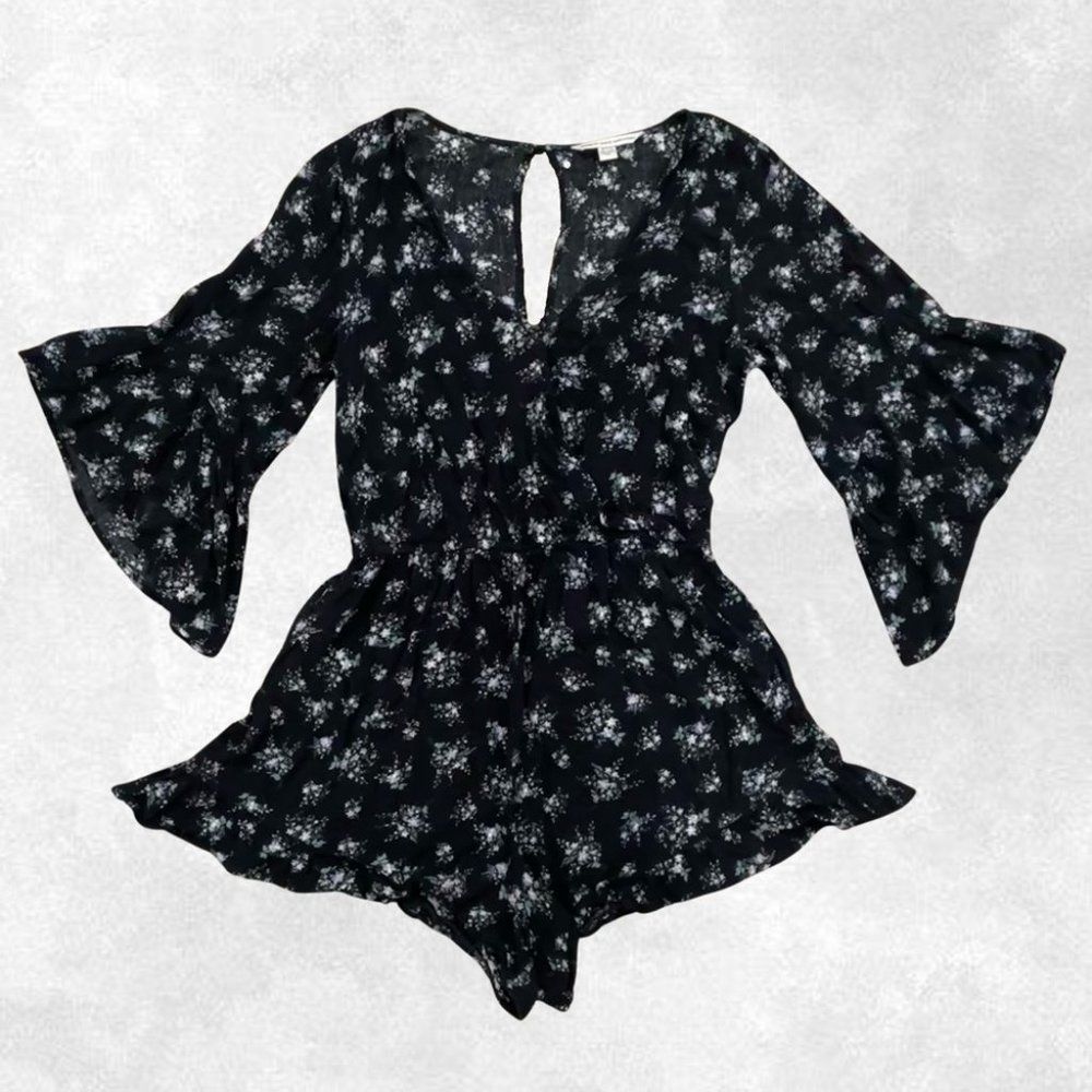 American Eagle Black/Blue/White Floral Bell Sleeve V Neck Romper